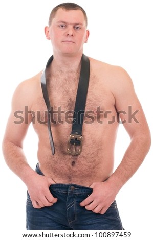 Young man with muscular body with strap on white background.