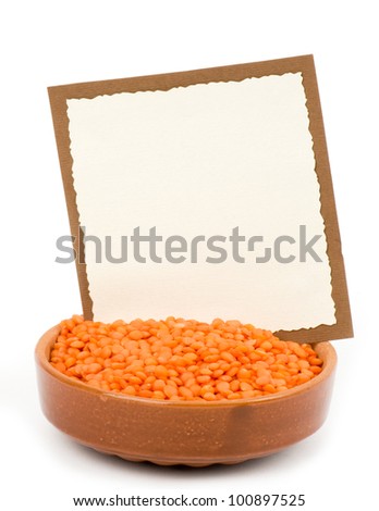 Bowl of red lentils with banner add on white background