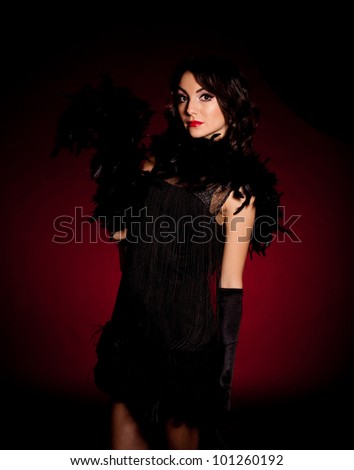 Vintage woman in retro dress on dark background. Pin-up girl