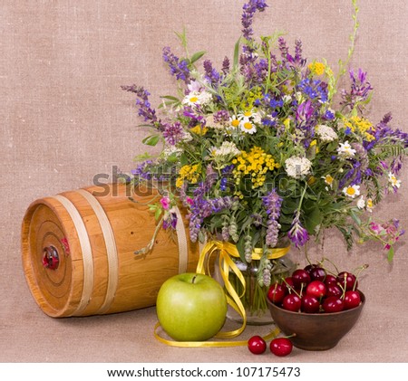 Flowers, barrel, apple and cherry on background
