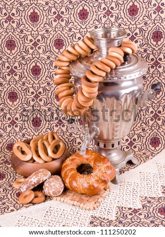 Samovar, a traditional old Russian tea kettle with bagels