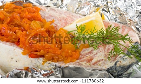 Pickled salmon with grilled vegetable, lemon on a foil
