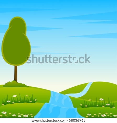Vector Country Landscape with trees and river