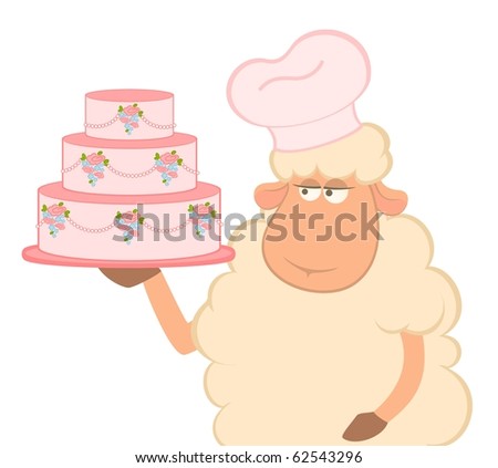 stock photo illustration of cartoon sheep holding fancy wedding cake