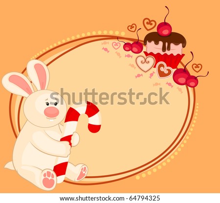 stock vector Vector cartoon little toy bunny with sweet cupcake