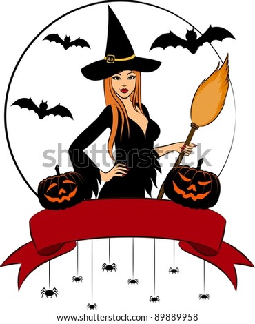 Girl witch with broom in Halloween style.
