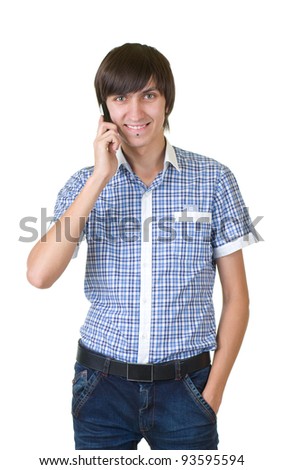 Happy man answering the phone against a white background