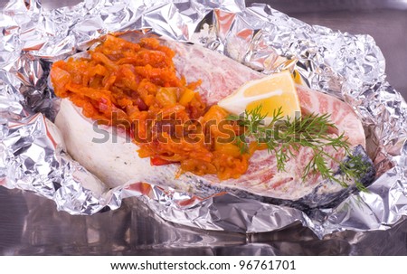 Pickled salmon with grilled vegetable, lemon on a foil