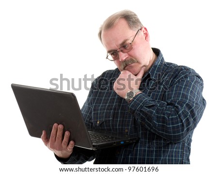 Elderly puzzled man with notebook on white background.