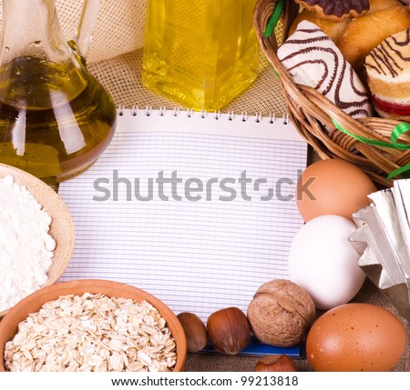 Banner add for recipe with tasty cakes, eggs, olive oil, eggs, oatmeal and nuts