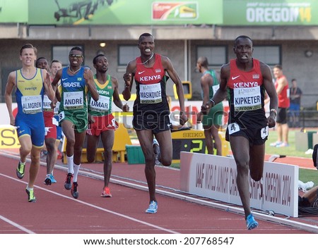 July 27, 2014 Eugene, Oregon - - Alfred Kipketer and  Joshua Tiampati Masikonde of Kenya separate from the pack on the homestretch of the men\'s 800m race at the 2014 IAAF Junior World Championships