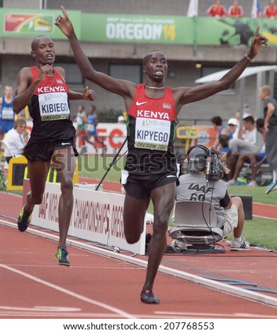 July 27, 2014 Eugene, Oregon - Kenyan teammates Barnabas Kipyego and Titus Kipruto Kibiego claim the gold and silver medals in the 3000m steeplechase at the 2014 IAAF World Junior Championships.