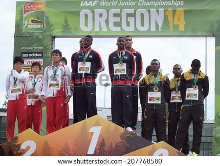 July 27, 2014 Eugene, Oregon - 2014 IAAF World Junior Championships 4X100m Relay award ceremony. USA (C) claimed the gold medal with Japan (L) collecting the silver and Jamaica (R) the bronze metals
