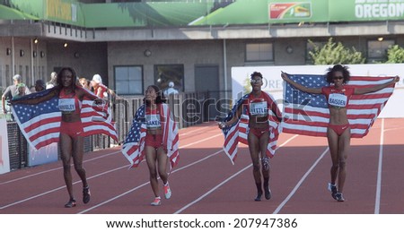 July 27, 2014 Eugene, Oregon - USA's 4X400m relay team celebrates a gold medal winning performance at the 2014 IAAF Junior World Championships at Hayward Field