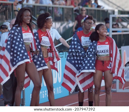 July 27, 2014 Eugene, Oregon - USA\'s 4X400m relay team celebrates a gold medal winning performance at the 2014 IAAF Junior World Championships at Hayward Field