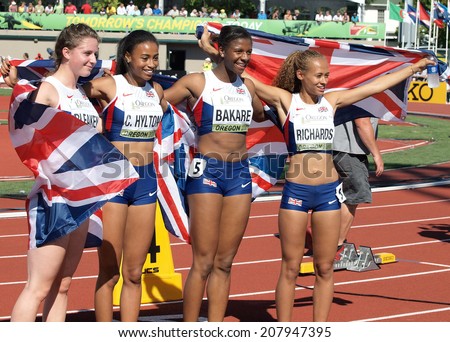 July 27, 2014 Eugene, Oregon - Great Britain\'s 4X400m relay team celebrates a silver medal winning performance at the 2014 IAAF Junior World Championships at Hayward Field