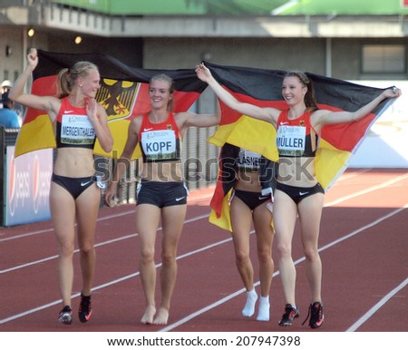 July 27, 2014 Eugene, Oregon - Germany's 4X400m relay team celebrates a bronze medal winning performance at the 2014 IAAF Junior World Championships at Hayward Field
