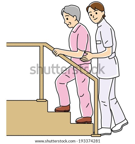 Rehabilitation. The elderly person whom the walk trains on stairs