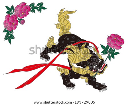 Peony flowers and Lion of the East. Design of the tattoo