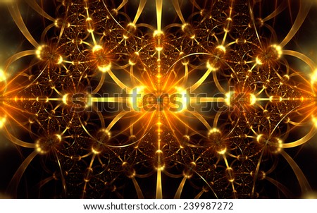 abstract fractal with vivid yellow stripes and glowing half rings on black background