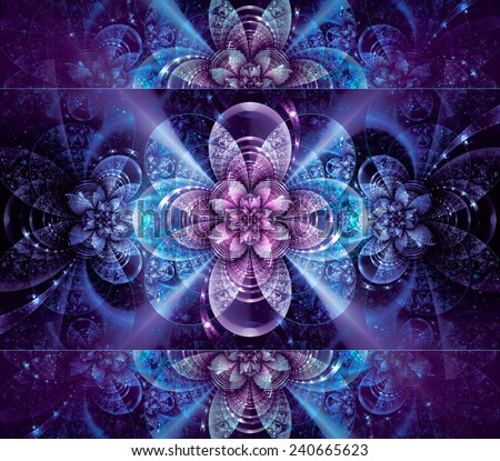 Abstract fractal with decorative shining purple-cyan flower on dark-violet background