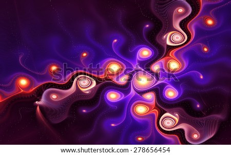 abstract fractal with glowing white-blue-red swirls and dots on violet background