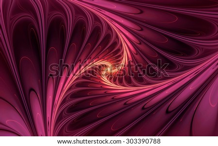 abstract fractal, red-purple glossy spiral with soft curved lines and glowing core