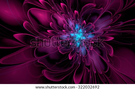 Abstract fractal, purple-cyan silky flower on black background, for desktop wallpaper or for creative graphic design.