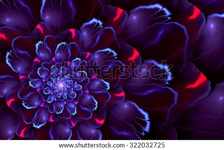Abstract fractal, glossy red-violet flower on dark background , usable for desktop wallpaper or for creative cover design.