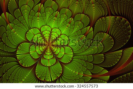 Abstract fractal, green metallic ribbed flower with red curved stripes, usable for tablet background, desktop wallpaper or for creative cover design.