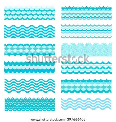 Collection of marine waves. Sea wavy, ocean art water design. Vector illustration. Sea wave pattern. Ocean vector wave texture. Types of water waves. River wave, cartoon pattern.