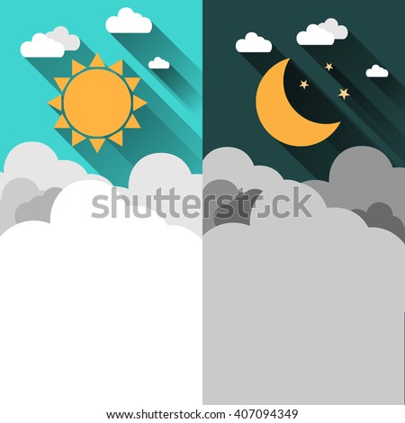 Sun, moon, stars and clouds banner. Day and night time concept vector banner. Sunny Day flyer. Star Moon Night flyer. Weather background. Forecast concept banner. Daytime poster. Day and Night layout