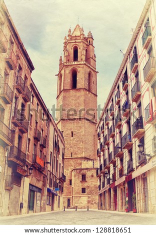 REUS, SPAIN - SEPTEMBER 4: Photo in the old colors image style of Monastery of Sant Pere on September 5, 2011 in Reus, Spain. Reus is the city in Catalonia where genius architect Gaudi born