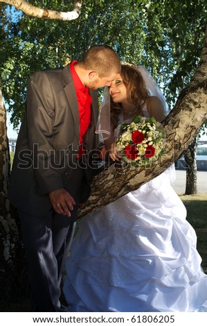 Romantic scene with Bride and groom near the birch tree