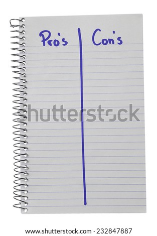 Notebook on a white background counting pros and cons
