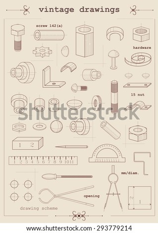 Vintage drawings. Set of vintage drawings of different components