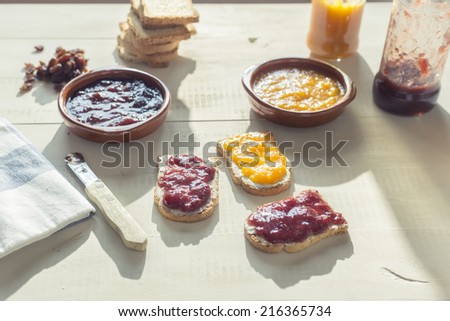 Cross processing style for a delicious lunch of toast with two different homemade jams
