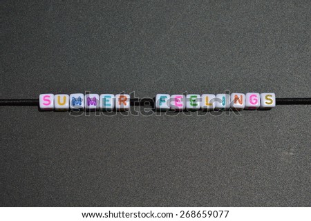 Horizontal image of the phrase \'Summer feelings\' written with colored letters on a black board.