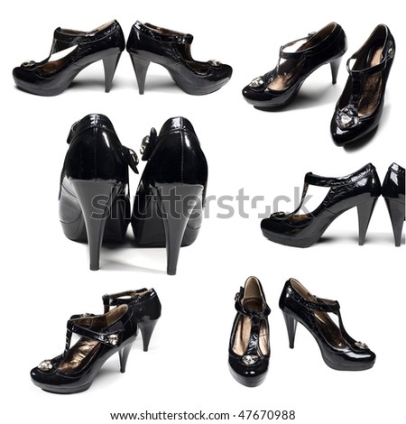 Many different perspectives black woman\'s shoes isolated on white