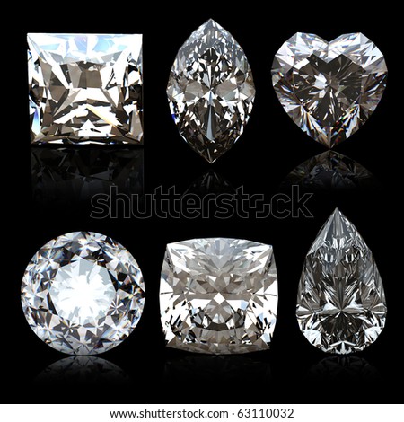 Collection diamonds diferent shapes  on black background.