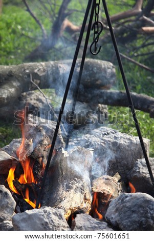 Closeup shot of camping fire in spring. Cooking  on tripod