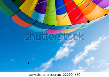 Fun hot air balloon ride in a clear blye sky for vacation