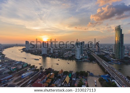 Modern building at riverside in twilight scene at Bangkok, Thailan