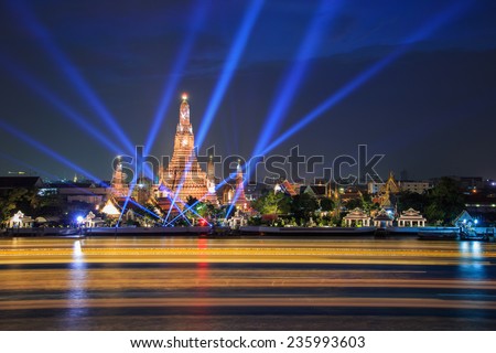 Wat Arun and laser beam show under new year celebration at Bangkok, Thailand