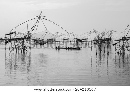 Thai style fishing trap in Pak Pra Village, Net Fishing Thailand, Thailand Shrimp Fishing, Phatthalung, Thailand.Black and White