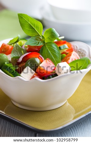 Bowl of Vegetable Salad with Feta Cheese and Olives