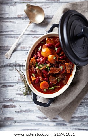Beef goulash with mushrooms and vegetables