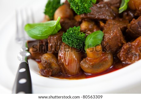 Beef goulash with mushrooms and broccoli