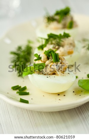 Stuffed eggs with sweetcorn and  mayonnaise