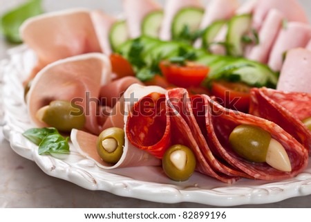 Plate of cold cuts with garlic stuffed olives